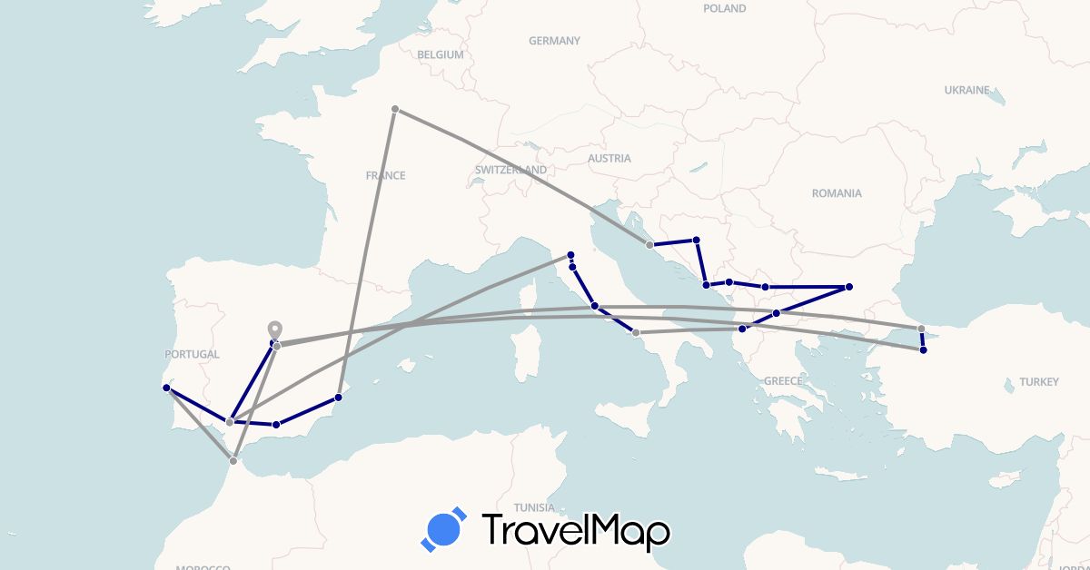 TravelMap itinerary: driving, plane in Albania, Bosnia and Herzegovina, Bulgaria, Spain, France, Croatia, Italy, Morocco, Montenegro, Macedonia, Portugal, Turkey, Kosovo (Africa, Asia, Europe)